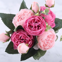 โหลดรูปภาพลงในเครื่องมือใช้ดูของ Gallery 30cm Rose Pink Silk Peony Artificial Flowers Bouquet 5 Big Head and 4 Bud Cheap Fake Flowers for Home Wedding Decoration indoor
