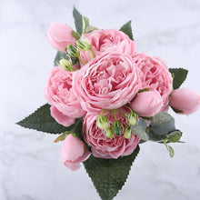 โหลดรูปภาพลงในเครื่องมือใช้ดูของ Gallery 30cm Rose Pink Silk Peony Artificial Flowers Bouquet 5 Big Head and 4 Bud Cheap Fake Flowers for Home Wedding Decoration indoor
