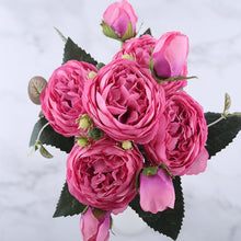 โหลดรูปภาพลงในเครื่องมือใช้ดูของ Gallery 30cm Rose Pink Silk Peony Artificial Flowers Bouquet 5 Big Head and 4 Bud Cheap Fake Flowers for Home Wedding Decoration indoor
