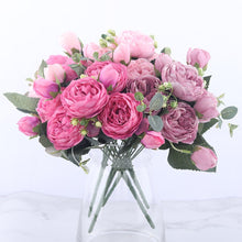 โหลดรูปภาพลงในเครื่องมือใช้ดูของ Gallery 30cm Rose Pink Silk Peony Artificial Flowers Bouquet 5 Big Head and 4 Bud Cheap Fake Flowers for Home Wedding Decoration indoor
