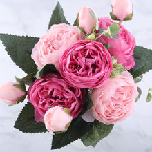 โหลดรูปภาพลงในเครื่องมือใช้ดูของ Gallery 30cm Rose Pink Silk Peony Artificial Flowers Bouquet 5 Big Head and 4 Bud Cheap Fake Flowers for Home Wedding Decoration indoor
