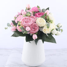 โหลดรูปภาพลงในเครื่องมือใช้ดูของ Gallery 30cm Rose Pink Silk Peony Artificial Flowers Bouquet 5 Big Head and 4 Bud Cheap Fake Flowers for Home Wedding Decoration indoor
